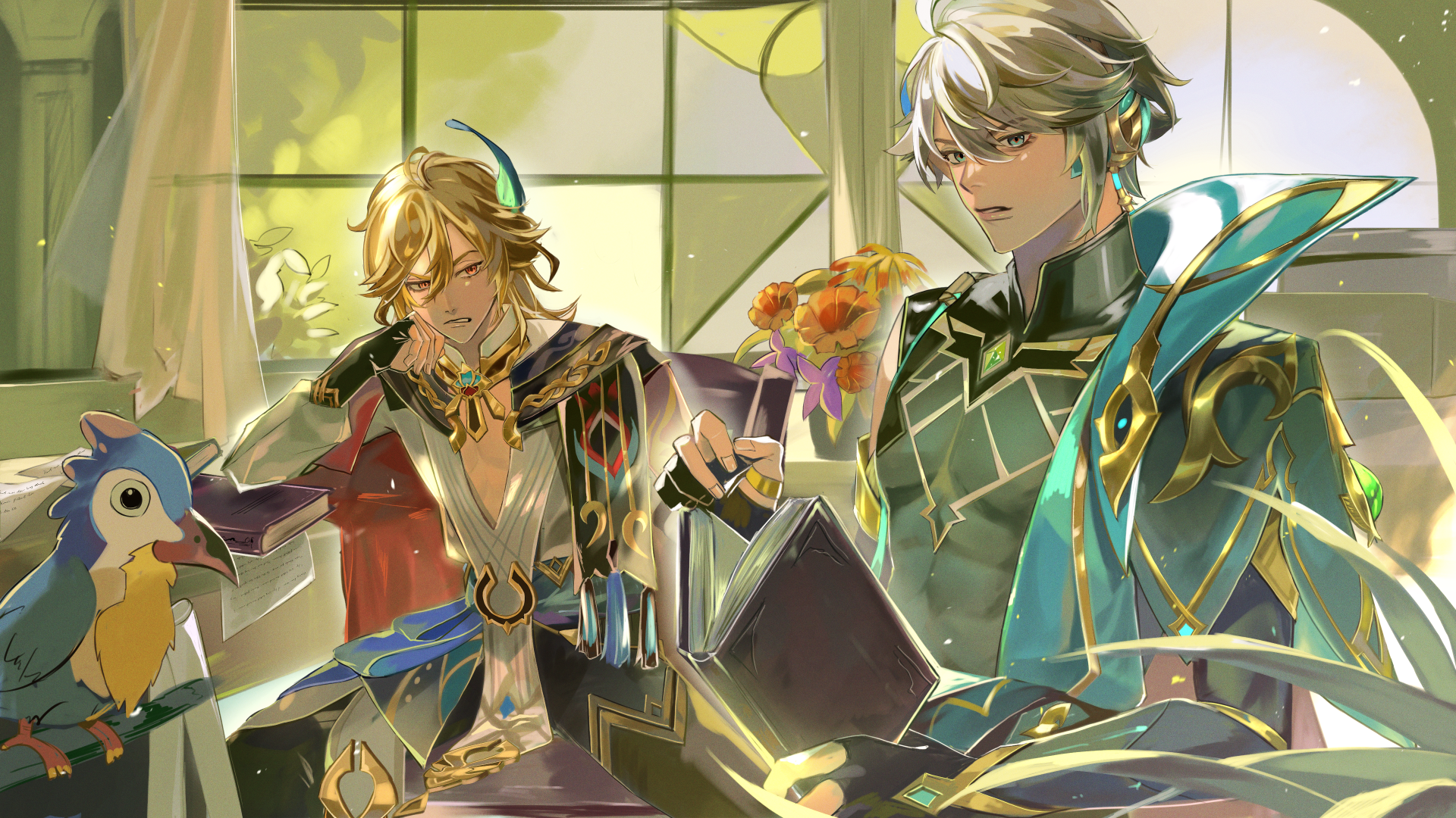 4K Ultra HD PC desktop wallpaper featuring Al-haitham and Kaveh from the video game Genshin Impact, depicted in a detailed and vibrant indoor setting.