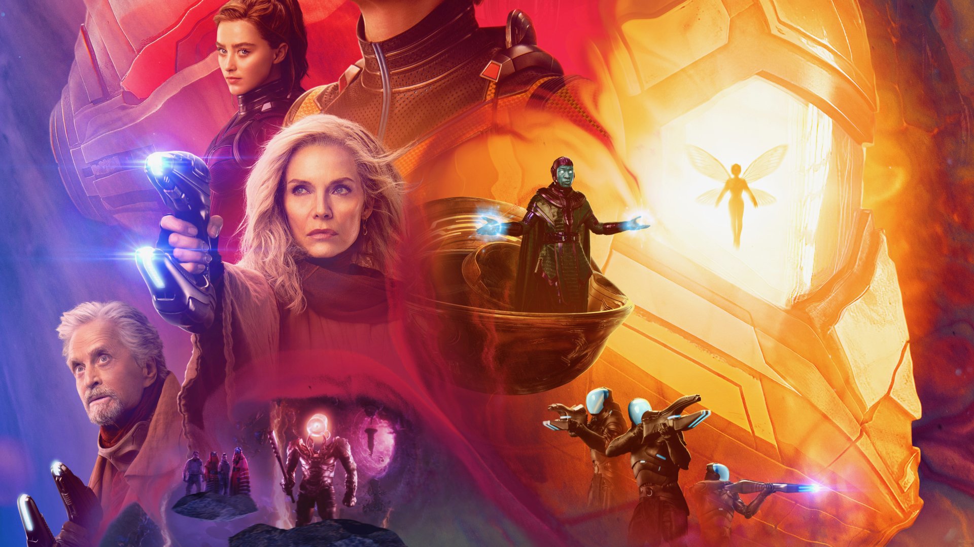 8K Ultra HD PC desktop wallpaper of Ant-Man and The Wasp: Quantumania — heroes and foes posed in a glowing quantum realm, energy blasts and towering machinery.