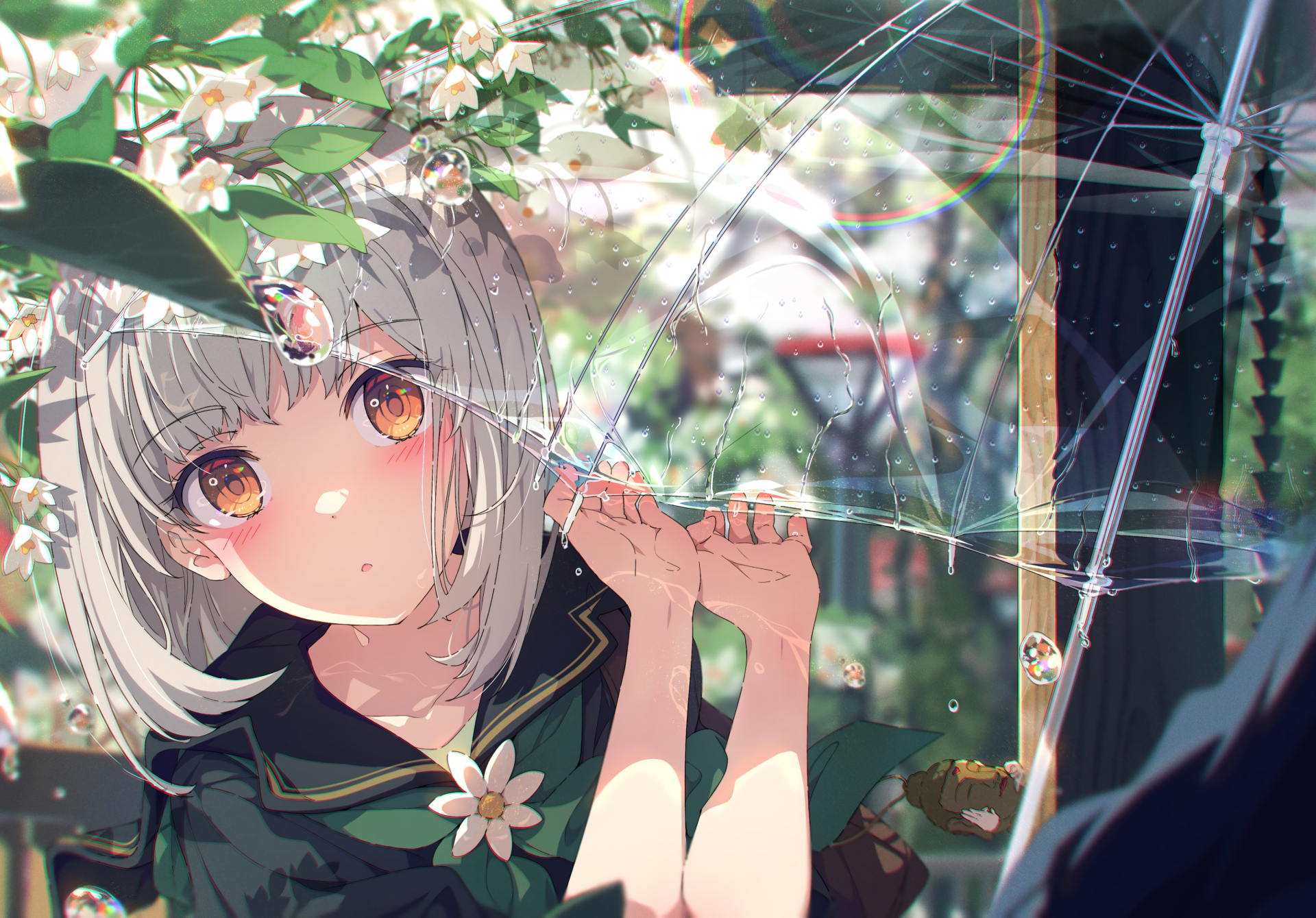 Anime girl with silver hair and bright amber eyes holding a transparent umbrella, surrounded by blooming flowers in a vibrant 4K Ultra HD PC desktop wallpaper.