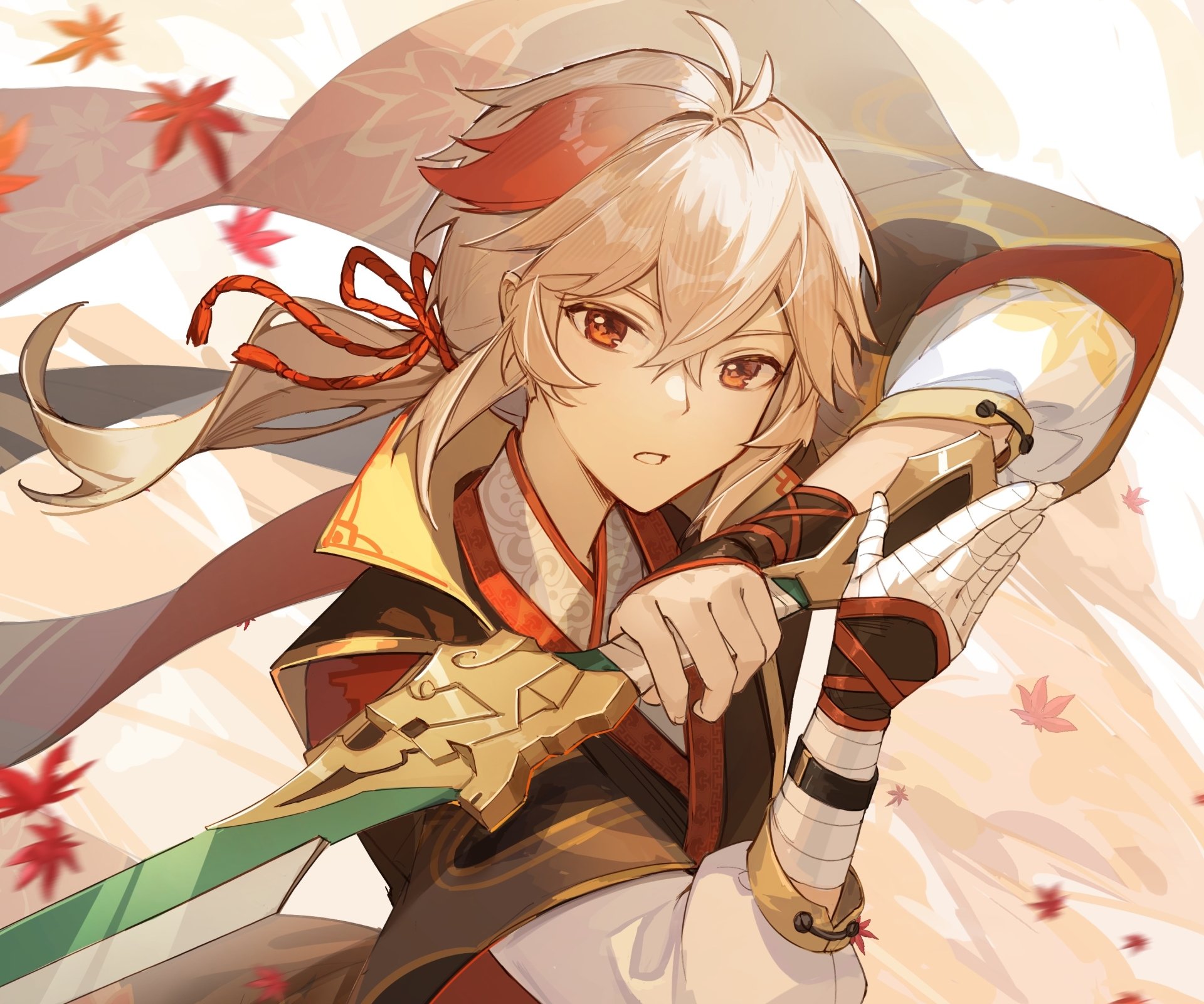 Kaedehara Kazuha from the video game Genshin Impact, poised with his sword amid falling maple leaves — HD PC desktop wallpaper/background.