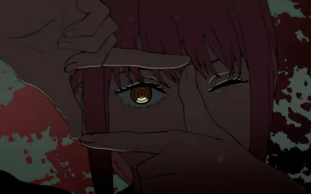 8K Ultra HD anime wallpaper featuring Makima from Chainsaw Man, showcasing her intense gaze framed by her fingers against a dark, blood-splattered background.