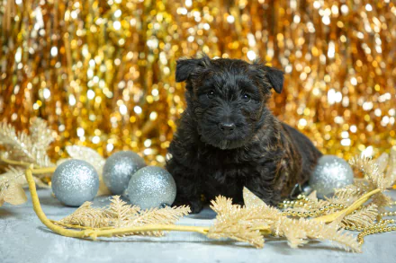 A 4K Ultra HD desktop wallpaper featuring a black puppy surrounded by silver ornaments and golden festive decorations, creating a warm, celebratory atmosphere.