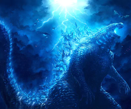 A striking HD desktop wallpaper featuring Godzilla amid a dramatic blue lightning storm, capturing a powerful fantasy scene filled with energy and intensity.