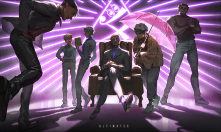 Anime HD PC desktop wallpaper of Mob Psycho 100 characters: a suited figure seated center with umbrella, surrounded by allies and rivals under purple neon radial lights.