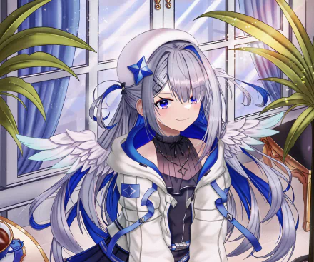 4K Ultra HD anime wallpaper featuring Amane Kanata, a Virtual YouTuber from Hololive, with silver hair, blue eyes, and angelic wings by a window with plants nearby.