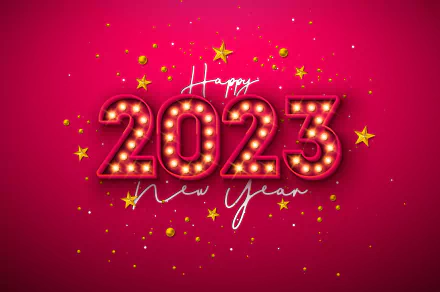Holiday New Year 2023 5K Ultra HD PC desktop wallpaper: glowing marquee 2023 with Happy New Year script, gold stars and confetti on a vibrant red background.
