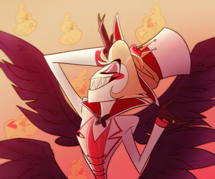 Lucifer from Hazbin Hotel poses confidently with dark wings spread wide in this vibrant 4K Ultra HD TV show desktop wallpaper and background.