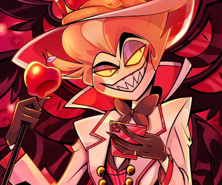 HD PC desktop wallpaper featuring Lucifer from the TV show Hazbin Hotel, holding a red apple and playing cards with a confident, mischievous expression.