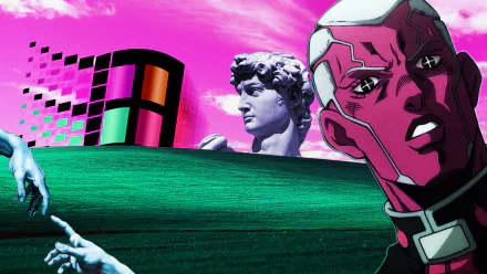 Vaporwave aesthetic HD desktop wallpaper featuring Jojo's Bizarre Adventure character Enrico Pucci, Windows XP elements, classical sculpture, and vibrant anime-inspired colors.