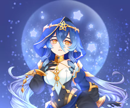 HD PC desktop wallpaper featuring Layla from the video game Genshin Impact, set against a glowing starry background with a full moon.