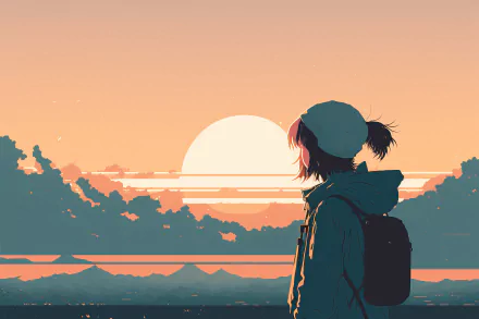 4K Ultra HD anime-style digital art of a girl with a backpack and beanie, gazing at a large setting sun over a serene landscape, created with AI.