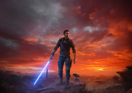 HD PC wallpaper of Cal Kestis from the video game Star Wars Jedi: Survivor (EA), standing on a rocky outcrop at sunset wielding a blue lightsaber with BD-1 droid at his feet.