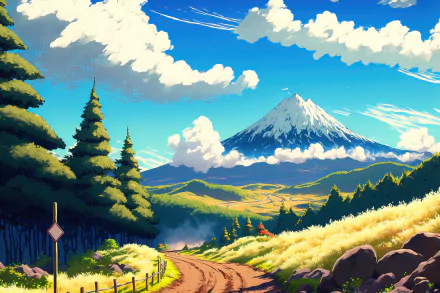 HD anime landscape wallpaper featuring a vibrant mountain scene with a snow-capped peak, lush green trees, and a winding dirt path under a bright blue sky with fluffy clouds.