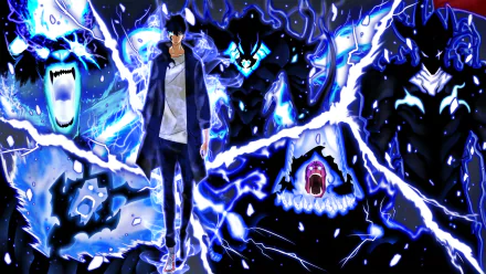 HD PC desktop wallpaper featuring Sung Jin-Woo and Beru from Solo Leveling, surrounded by glowing blue energy and shadowy beasts in anime style.