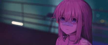 HD desktop wallpaper featuring Hitori Gotou from the anime Bocchi the Rock! staring thoughtfully. Background displays a dimly lit environment with bluish and purplish hues.