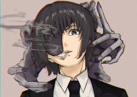 Himeno from Chainsaw Man is depicted in this 4K Ultra HD anime wallpaper, featuring her with a cigarette and shadowy skeletal hands behind her.