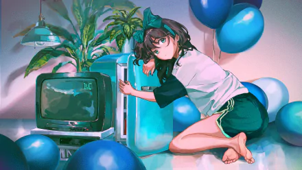 Anime girl with dark hair and a large bow sits beside a retro TV and fridge, surrounded by blue balloons in this vibrant 4K Ultra HD PC desktop wallpaper.
