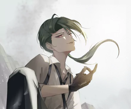 Stylized portrait of a smirking dark-haired trainer with a glove and flowing hair, bathed in soft light and mist — Pokémon: Scarlet and Violet video game artwork, 2K Quad HD PC desktop wallpaper/background.