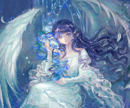 HD PC desktop wallpaper featuring Tomoyo Daidouji from Cardcaptor Sakura, depicted in flowing white attire with magical blue accents and ethereal wings.