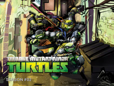 Teenage Mutant Ninja Turtles TV show 2K Quad HD PC desktop wallpaper background: four turtles bursting from a graffiti-covered alley with the series logo in the foreground.