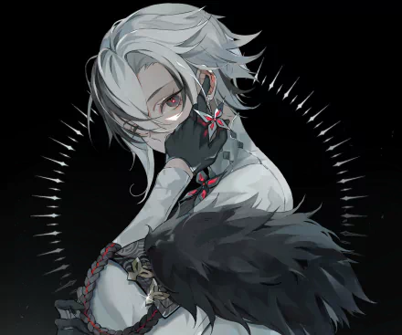 HD PC desktop wallpaper featuring Arlecchino from the video game Genshin Impact in a dark, detailed, and stylized design.