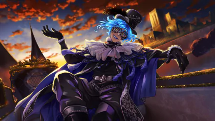HD PC desktop wallpaper of Idia Shroud from the video game Twisted Wonderland, featuring him in a dramatic pose against a sunset cityscape background.