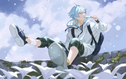 4K Ultra HD desktop wallpaper featuring Chongyun from Genshin Impact, depicted sitting in a snowy landscape with a relaxed pose and cool blue tones.