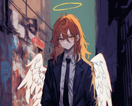 HD PC desktop wallpaper featuring Angel Devil from the anime Chainsaw Man, showcasing the character with white wings and orange hair in a dark urban setting.