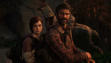 Joel and Ellie from The Last of Us Part I sit together in a forest setting, depicted in a 4K Ultra HD video game wallpaper scene.
