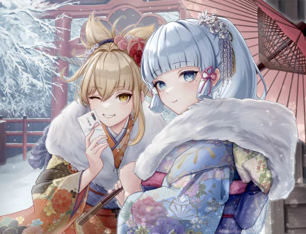 4K Ultra HD PC wallpaper featuring Yoimiya and Kamisato Ayaka from Genshin Impact in elegant winter kimonos with snowy background and traditional Japanese elements.