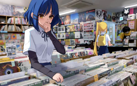 HD PC desktop wallpaper featuring Ryou Yamada from the anime Bocchi the Rock! standing in a record store with vibrant shelves and a yellow-backpack character in the background.