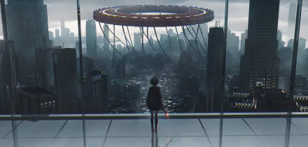 HD anime original wallpaper showing a lone figure gazing out over a futuristic cityscape dominated by a massive floating circular structure.