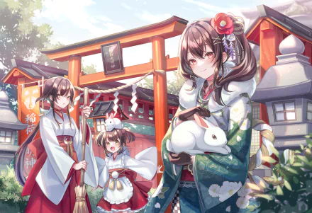 Anime girl in a kimono holding a white rabbit stands in front of a traditional shrine gate, with two other anime girls dressed in shrine maiden outfits nearby. HD PC desktop wallpaper.