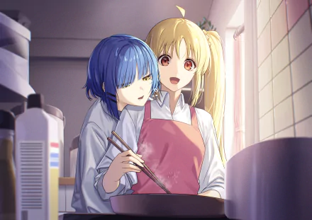 2K Quad HD wallpaper of Bocchi the Rock! characters Nijika Ijichi and Ryou Yamada cooking together in a sunlit kitchen, warm anime art.