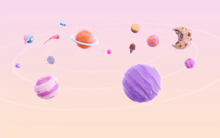 4K Ultra HD PC desktop wallpaper featuring a whimsical, pastel-colored planetary system with technology-inspired elements, designed for Windows 11 backgrounds.