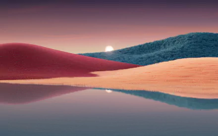 4K Ultra HD Windows 11 desktop wallpaper featuring a serene sunset over colorful, abstract hills reflected in calm water, blending technology with natural beauty.