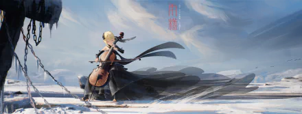 HD PC desktop wallpaper featuring Lumine from Genshin Impact playing a cello against a serene sky backdrop, highlighting the video game's artistic style.