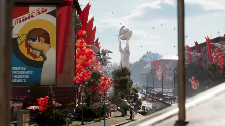 HD wallpaper of Atomic Heart showing a festive street view with red balloons and a futuristic statue in the background.