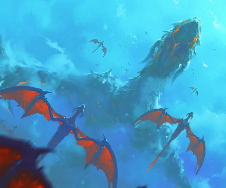 HD fantasy desktop wallpaper featuring a group of red dragons soaring in a vibrant blue sky with a massive shadowy dragon form in the background.