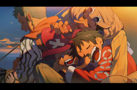 HD PC desktop wallpaper featuring Roronoa Zoro, Tony Tony Chopper, Monkey D. Luffy, and Usopp from One Piece sharing a joyful, warm moment at sunset.