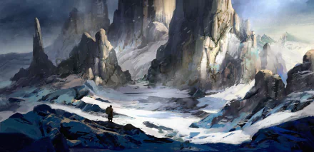 HD fantasy landscape wallpaper featuring a lone figure standing in a vast, rocky, and misty mountainous terrain under a dramatic sky.