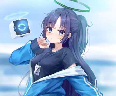 HD PC desktop wallpaper of Hayase Yuuka from the video game Blue Archive: long dark-blue ponytailed girl in a blue jacket and black top against a soft sky-blue background.