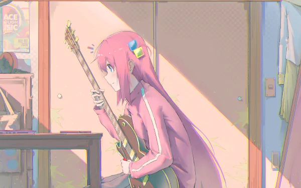 5K Ultra HD PC desktop wallpaper of Hitori Gotou from Bocchi the Rock! Pink-haired anime girl seated holding a guitar in a sunlit, pastel-toned room.