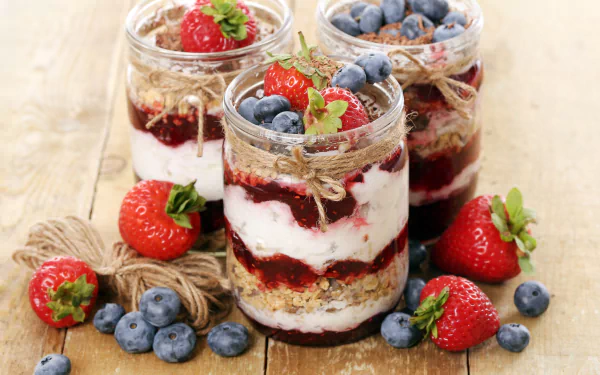 4K Ultra HD PC desktop wallpaper and background showing three layered dessert jars with cream, berry compote and granola, garnished with strawberries and blueberries on a rustic wooden board.