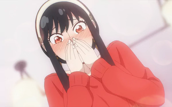 HD anime wallpaper featuring Yor Forger from Spy x Family, showing her blushing with hands near her face in a softly lit background.