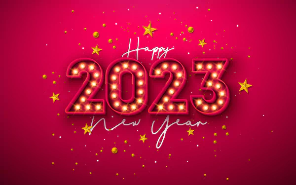 Holiday New Year 2023 5K Ultra HD PC desktop wallpaper: glowing marquee 2023 with Happy New Year script, gold stars and confetti on a vibrant red background.
