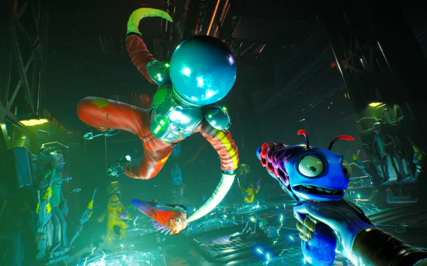 5K Ultra HD PC desktop wallpaper — video game High on Life: neon sci-fi lab with a floating alien creature and a blue, chameleon-like gun character aiming from the foreground.
