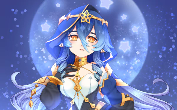 HD PC desktop wallpaper featuring Layla from the video game Genshin Impact, set against a glowing starry background with a full moon.