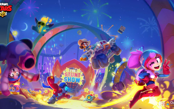 HD PC desktop wallpaper featuring vibrant characters from the video game Brawl Stars in an action-packed stunt show scene with fireworks in the background.