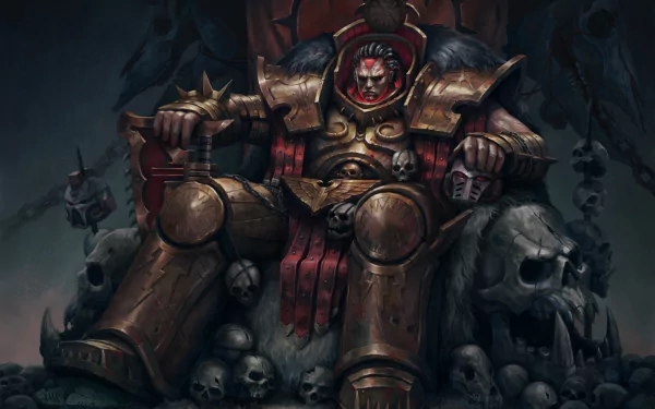 A Warhammer 40k Space Marine in ornate armor sits menacingly on a throne adorned with skulls, rendered in detailed 4K Ultra HD video game artwork.